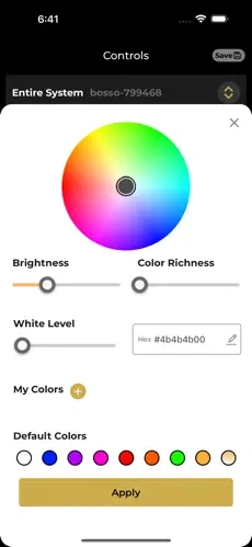 Official Bosso app screenshot showing the color wheel and brightness controls