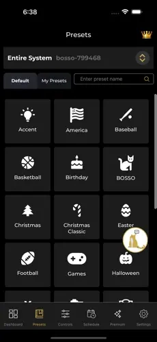 Official Bosso app screenshot showing a grid of preset lighting themes